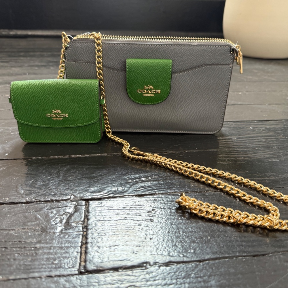 Coach Poppy Colorblock Crossbody + Card Case Kelly Green Gray NWT